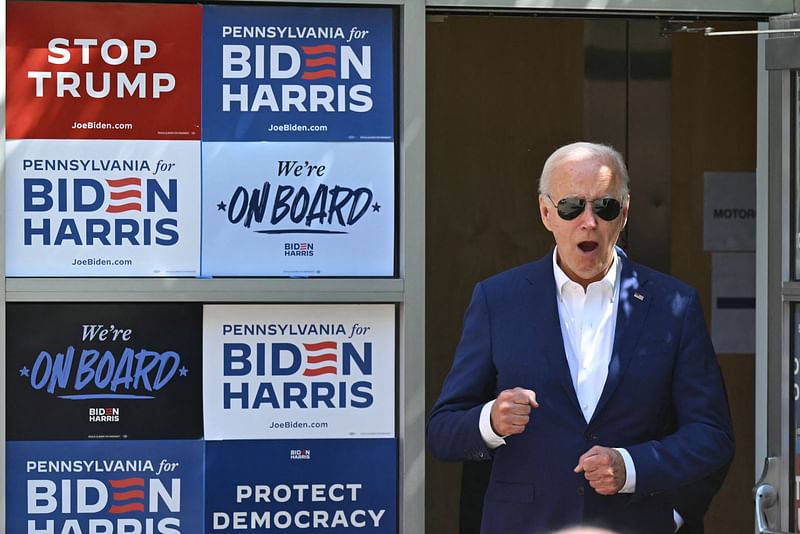 US President Joe Biden arrives to speak to supporters and volunteers during a campaign stop at a Biden-Harris campaign election office in Harrisburg, Pennsylvania, on 7 July, 2024